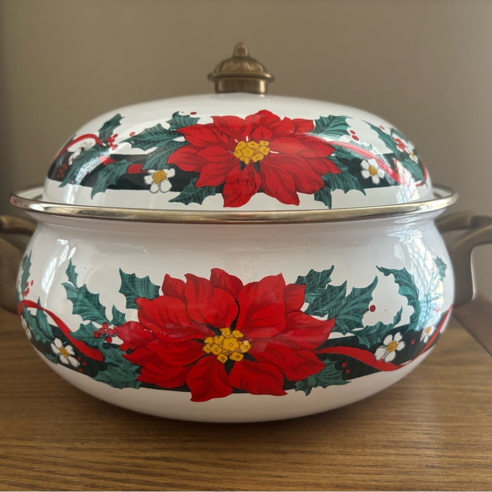 Vintage Enamel Poinsettia Casserole Dish W/Lid Brass Handles